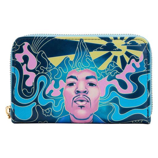 Blue, pink, and yellow wallet featuring Jimi Hendrix blending into a background of wavy rivers, mountains, and a sun